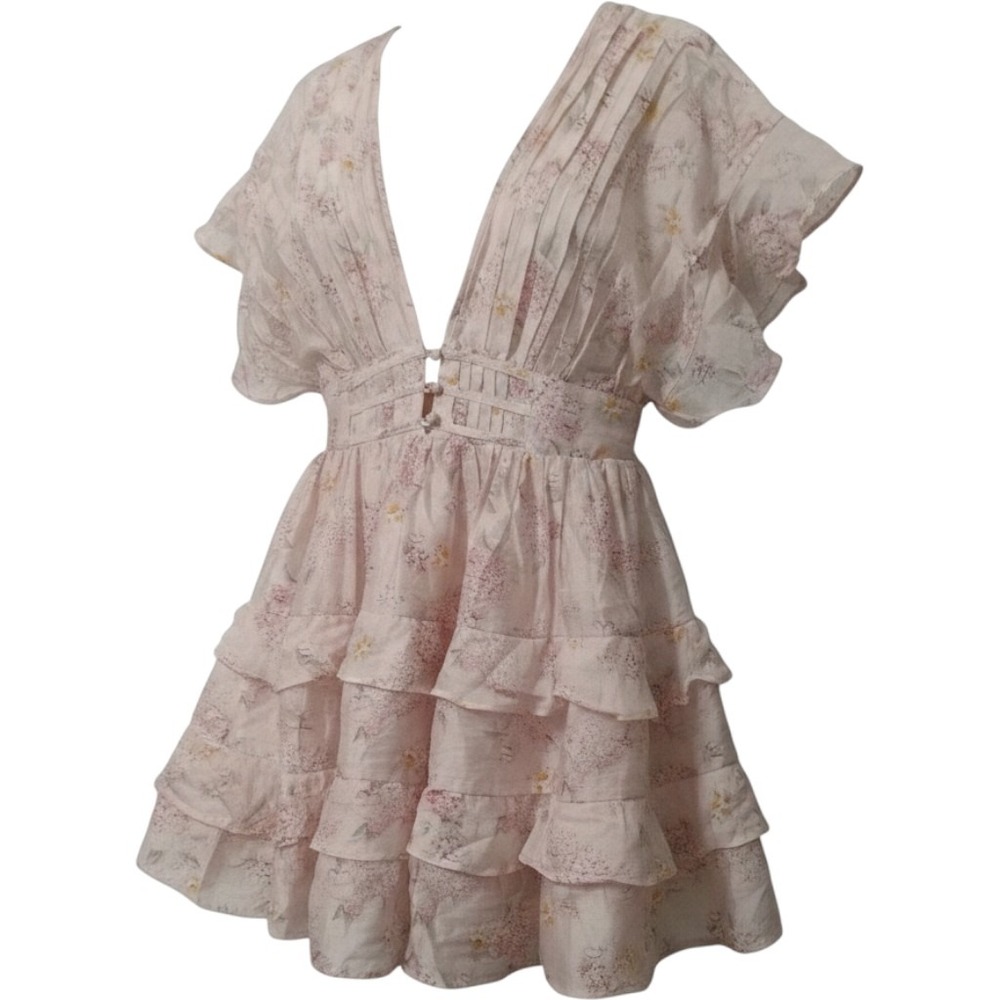 Storia Pink Floral Lace Up Back Tiered Ruffle Mini Dress Puff Sleeve Boho Small
